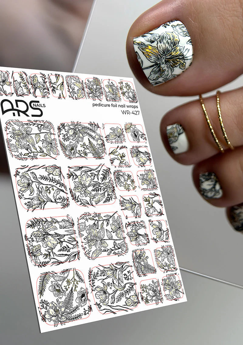 Nail Wraps Pédicure – Fleurs Noires sur Blanc & Effet Feuille d’Or – Réf. WR-427