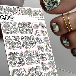 Nail Wraps Pédicure – Fleurs Noires sur Blanc & Effet Feuille d’Or – Réf. WR-427