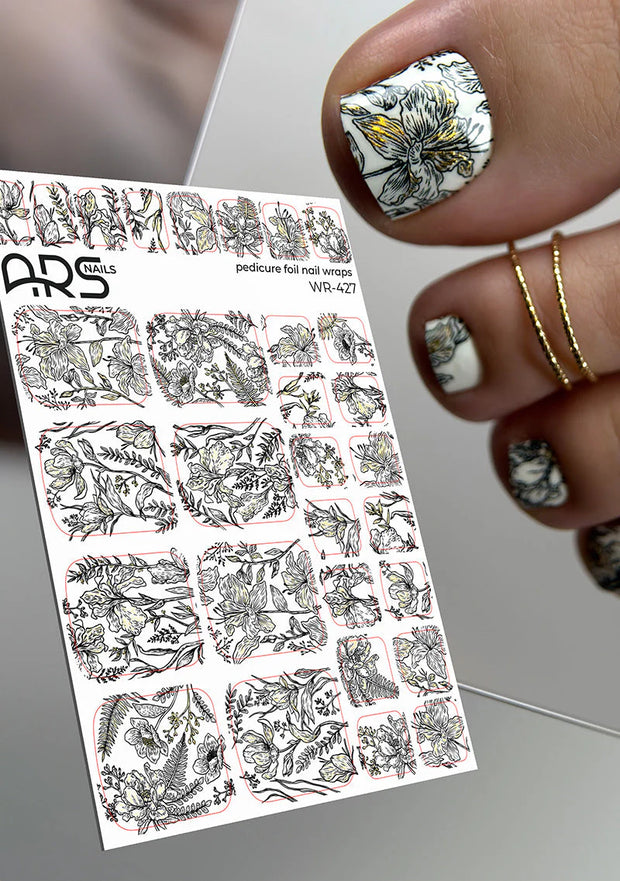 Nail Wraps Pédicure – Fleurs Noires sur Blanc & Effet Feuille d’Or – Réf. WR-427