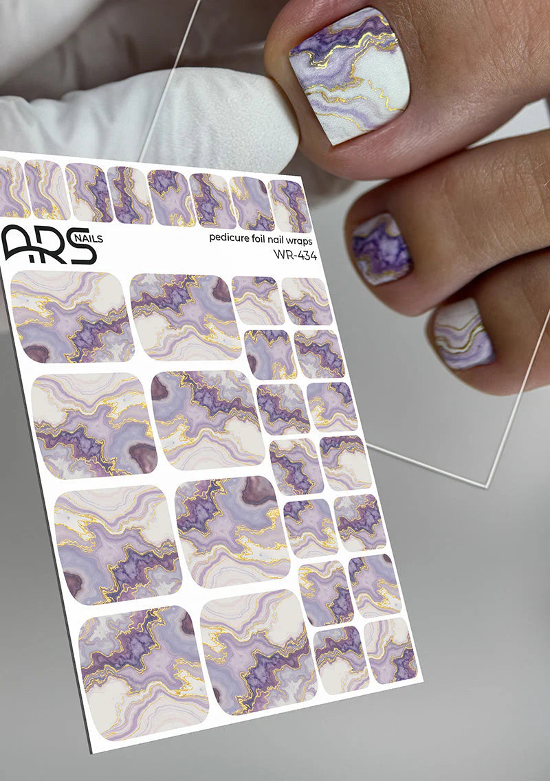 Nail Wraps Pédicure – Effet Marbre Violet avec Détails Dorés – Réf. WR-434