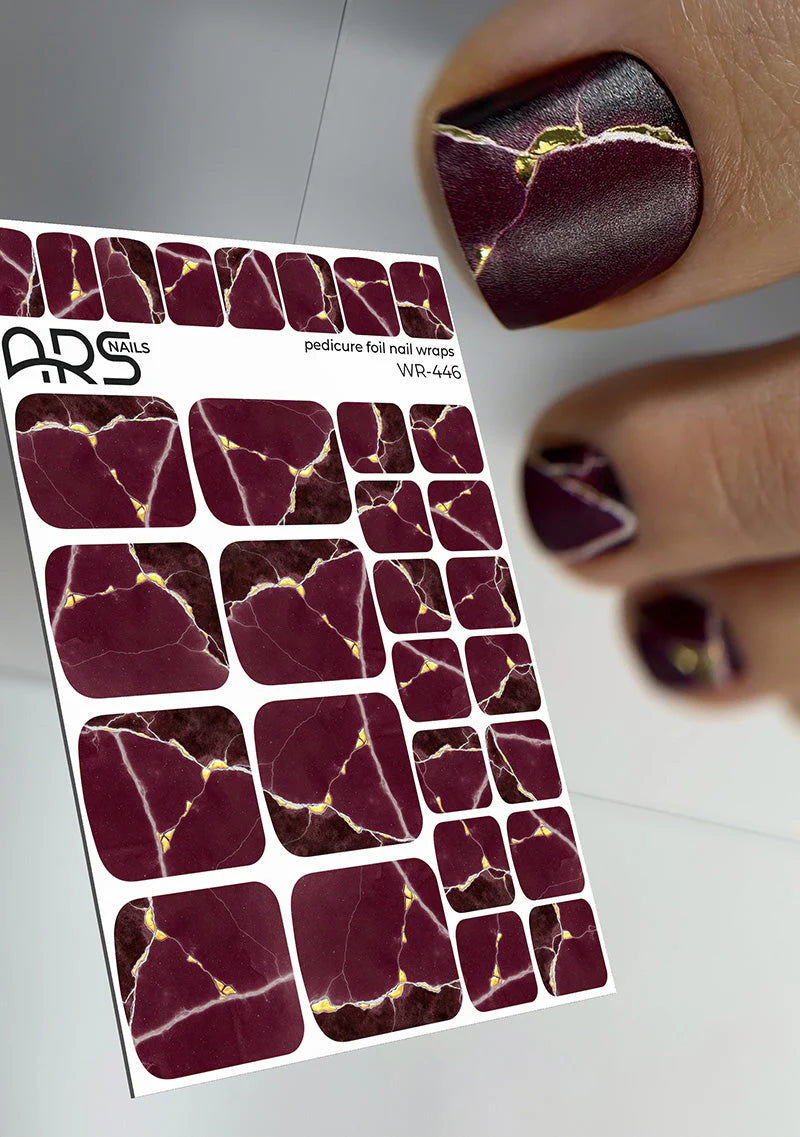Nail Wraps Pédicure – Bordeaux, Ligne Blanche & Effet Doré – Réf. WR-446