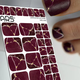 Nail Wraps Pédicure – Bordeaux, Ligne Blanche & Effet Doré – Réf. WR-446