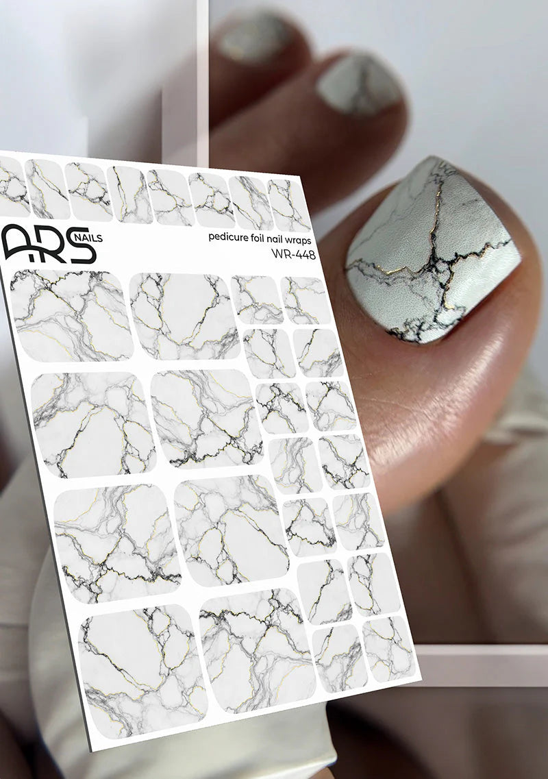 Nail Wraps Pédicure – Effet Marbre Noir & Blanc avec Détails Dorés – Réf. WR-448