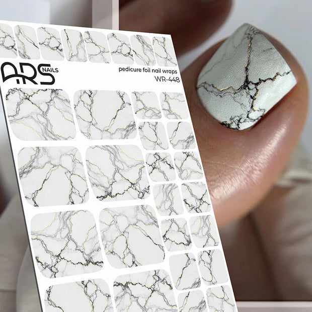 Nail Wraps Pédicure – Effet Marbre Noir & Blanc avec Détails Dorés – Réf. WR-448
