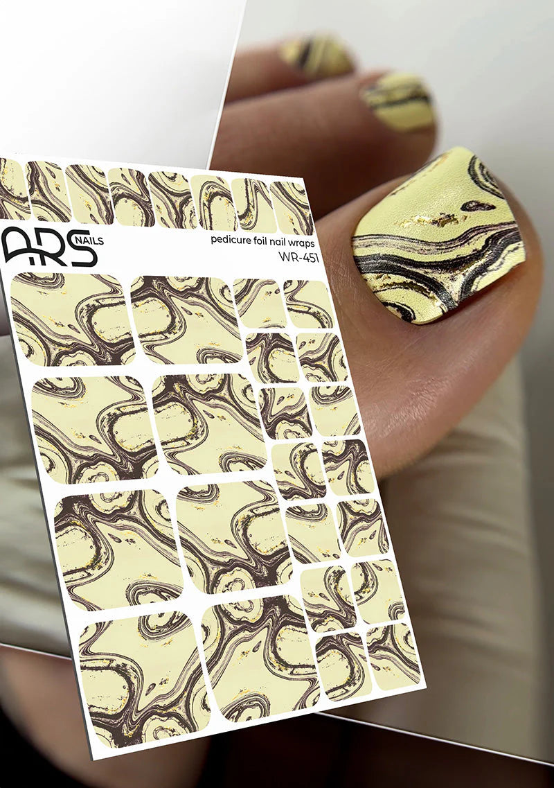 Nail Wraps Pédicure – Jaune & Brun Effet Feuille d’Or – Réf. WR-451