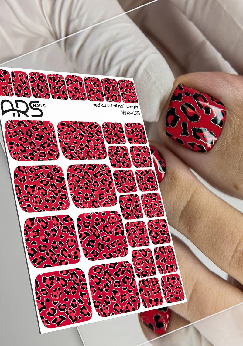 Nail Wraps Pédicure – Léopard Rouge & Effet Argenté – Réf. WR-455