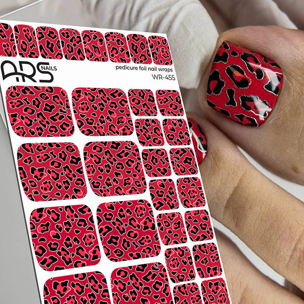 Nail Wraps Pédicure – Léopard Rouge & Effet Argenté – Réf. WR-455