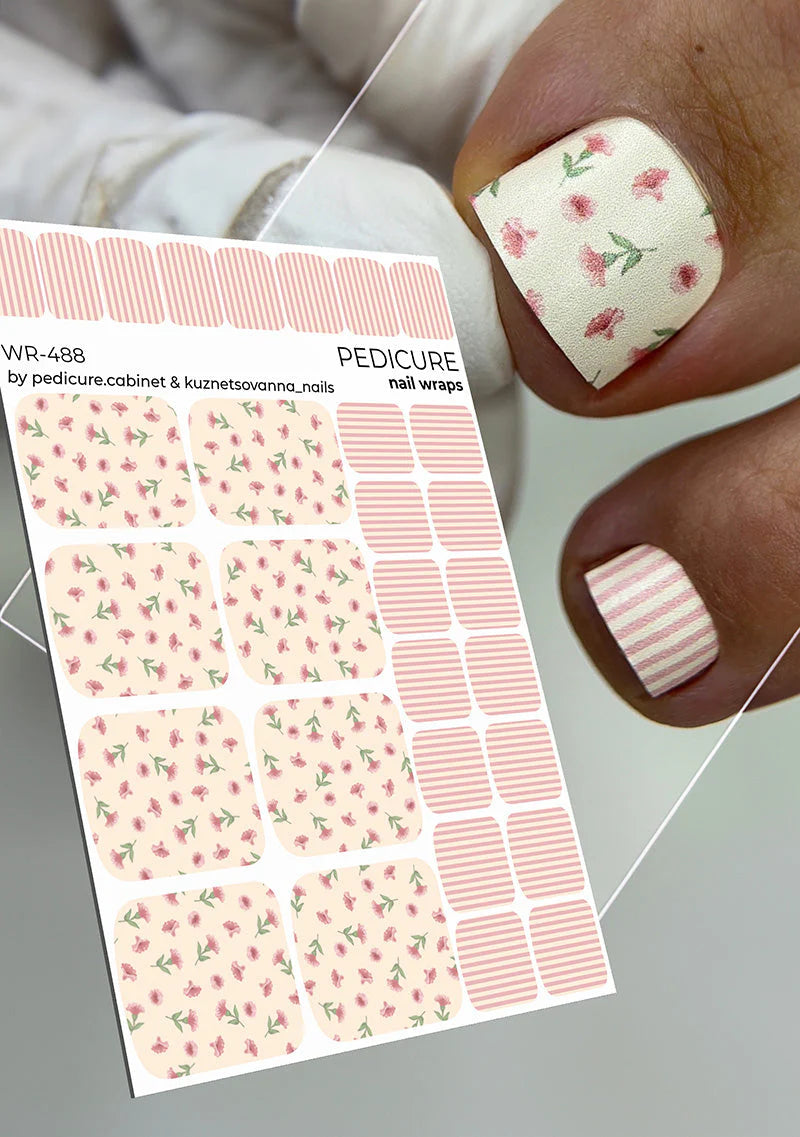 Nail Wraps Pédicure – Motif Fleurs & Rayures – Réf. WR-488
