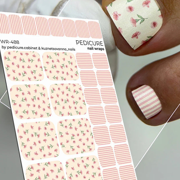 Nail Wraps Pédicure – Motif Fleurs & Rayures – Réf. WR-488