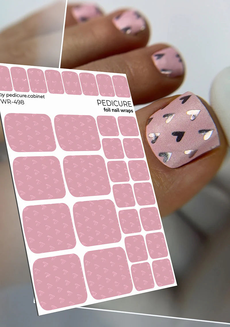 Nail Wraps Pédicure – Motif Cœurs Roses avec Effet Foil Coloré – Réf. WR-498