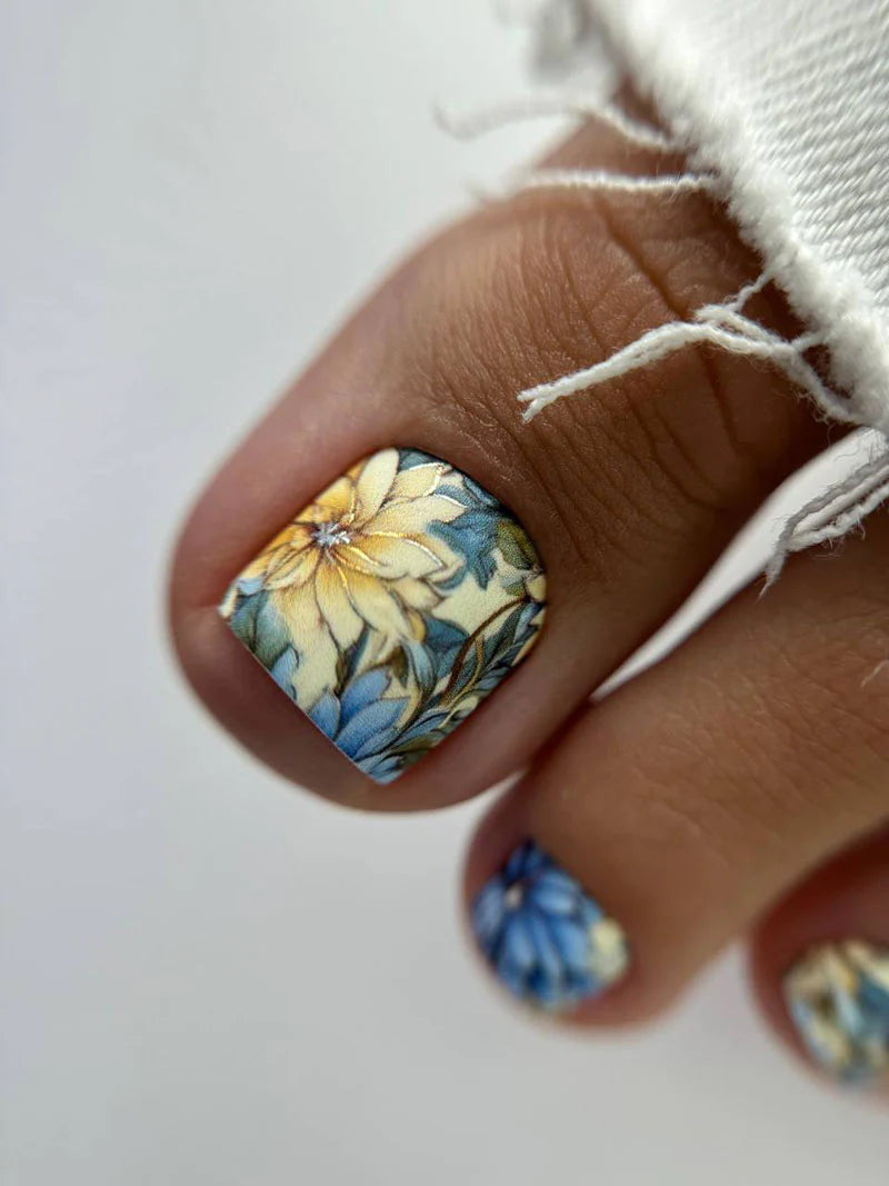 Nail Wraps Pédicure – Fleurs avec Effet Feuille d’Argent – Réf. WR-580