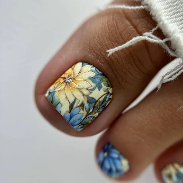 Nail Wraps Pédicure – Fleurs avec Effet Feuille d’Argent – Réf. WR-580