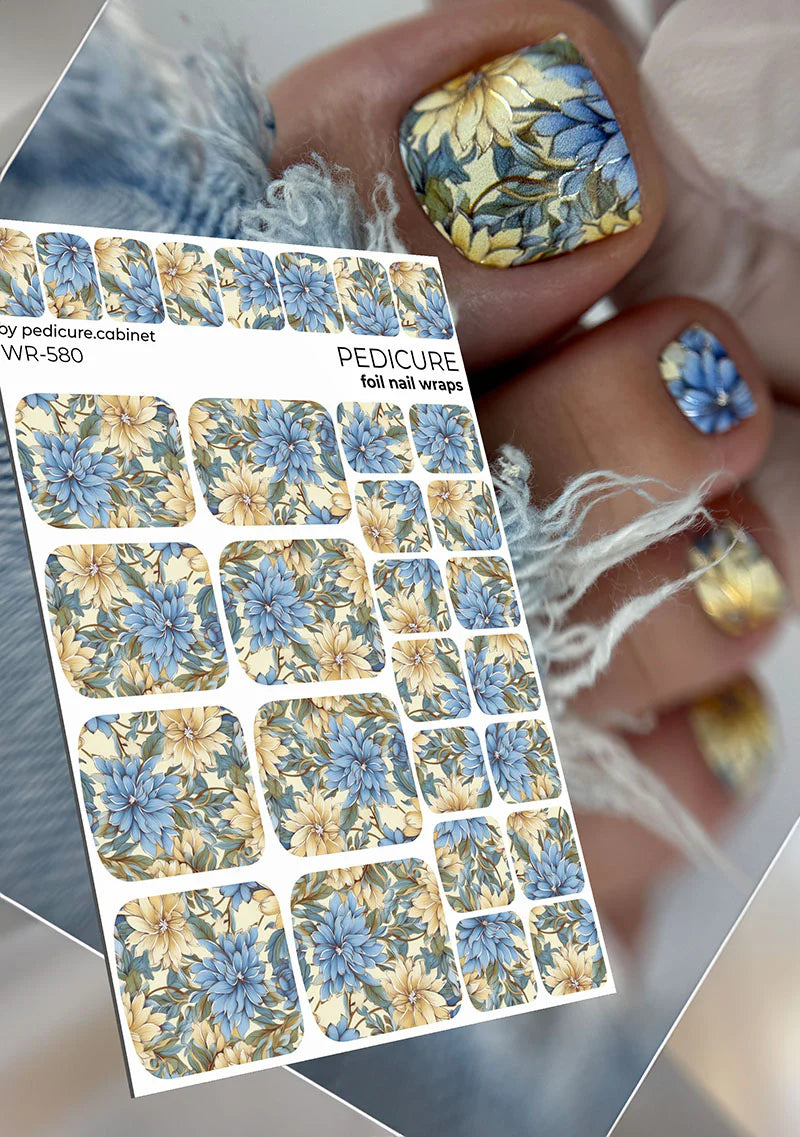 Nail Wraps Pédicure – Fleurs avec Effet Feuille d’Argent – Réf. WR-580