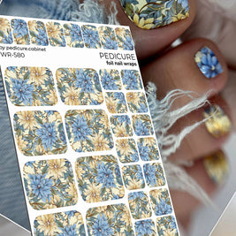 Nail Wraps Pédicure – Fleurs avec Effet Feuille d’Argent – Réf. WR-580