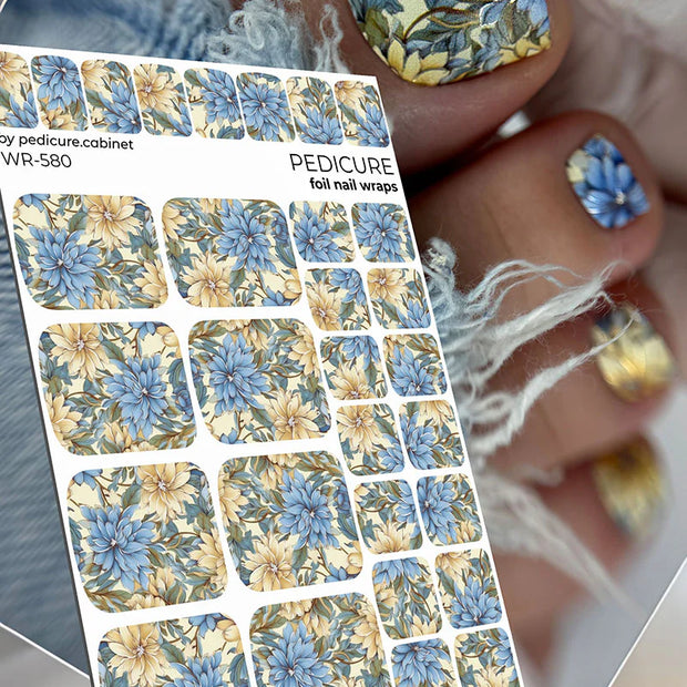 Nail Wraps Pédicure – Fleurs avec Effet Feuille d’Argent – Réf. WR-580