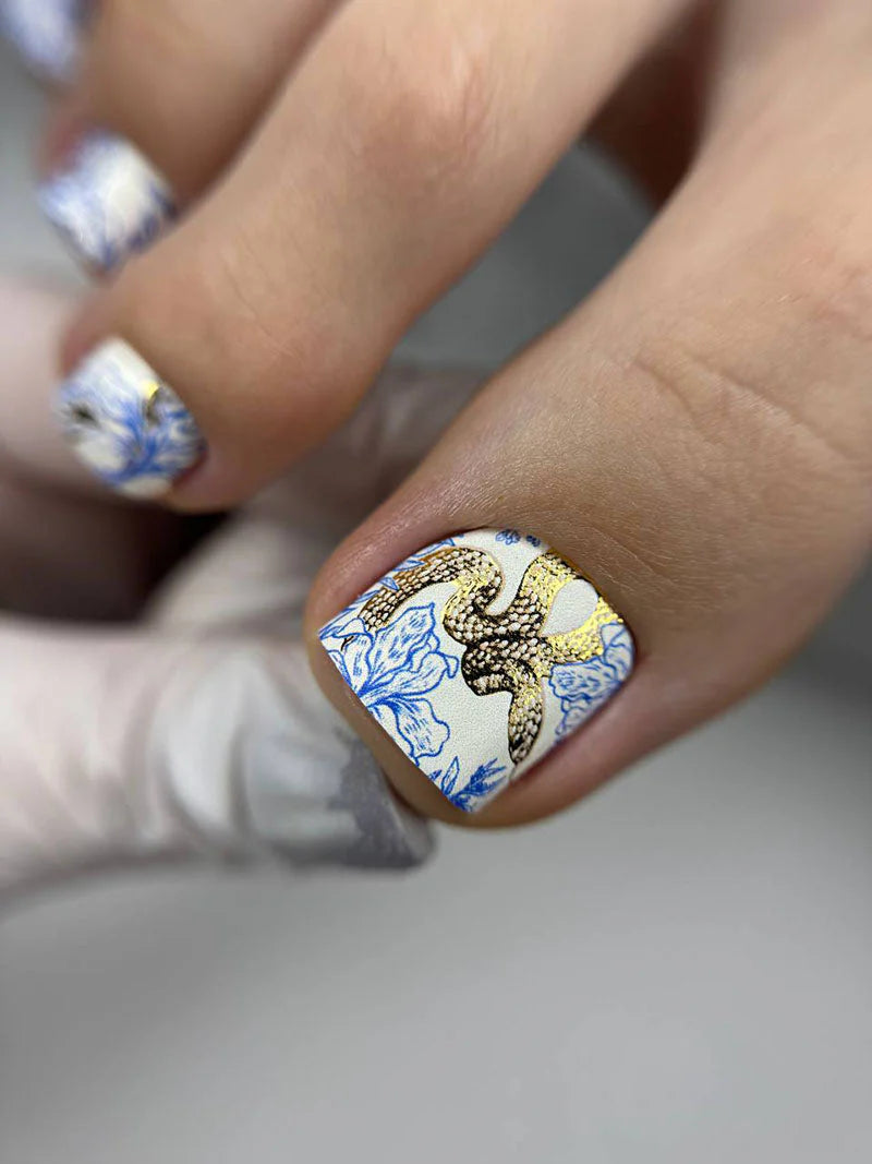 Nail Wraps Pédicure – Fleurs et Imprimé Snake Effet Feuille d’Or – Réf. WR-612