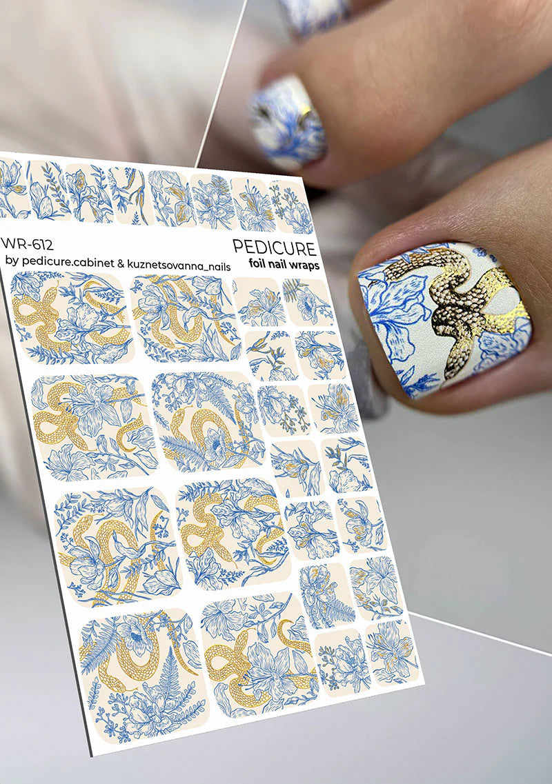 Nail Wraps Pédicure – Fleurs et Imprimé Snake Effet Feuille d’Or – Réf. WR-612