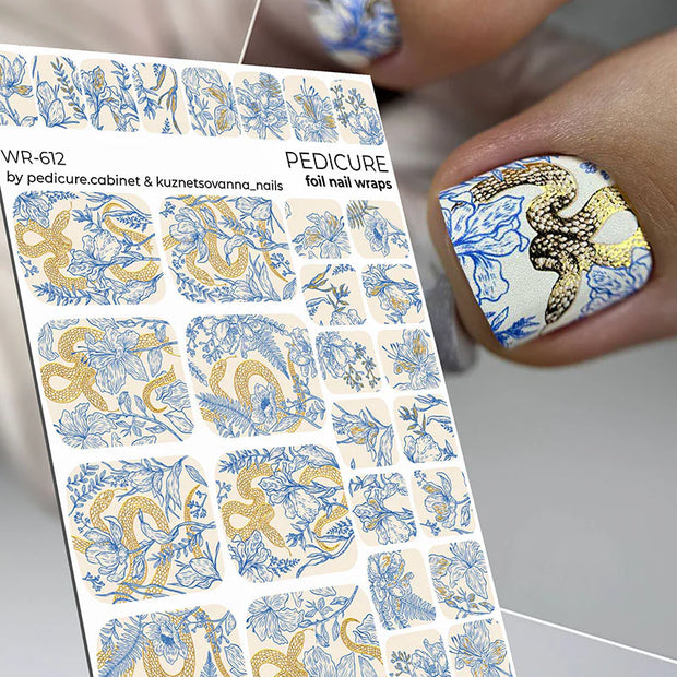 Nail Wraps Pédicure – Fleurs et Imprimé Snake Effet Feuille d’Or – Réf. WR-612