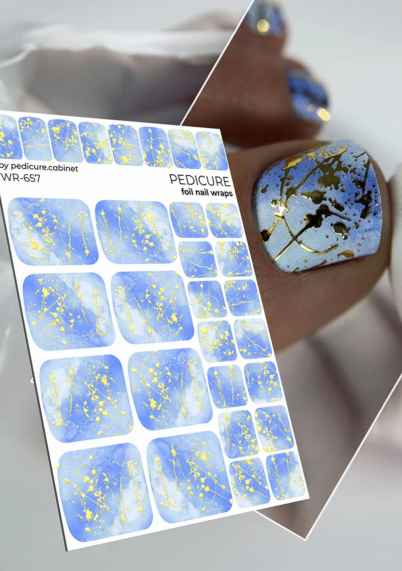 Nail Wraps Pédicure – Effet Artistique Bleu avec Détails Dorés – Réf. WR-657