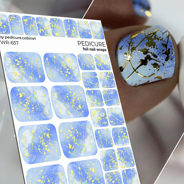 Nail Wraps Pédicure – Effet Artistique Bleu avec Détails Dorés – Réf. WR-657