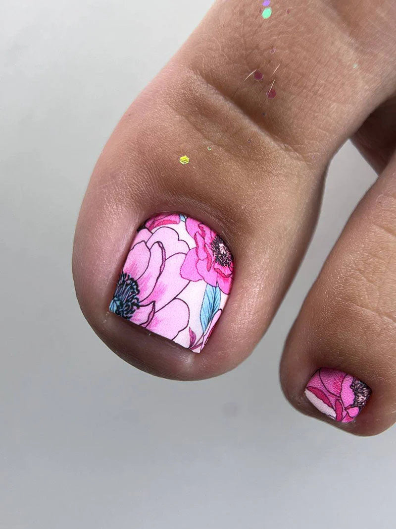 Nail Wraps Pédicure – Pivoines Roses et Feuillage Bleu – Réf. WR-713