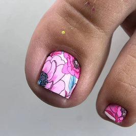 Nail Wraps Pédicure – Pivoines Roses et Feuillage Bleu – Réf. WR-713