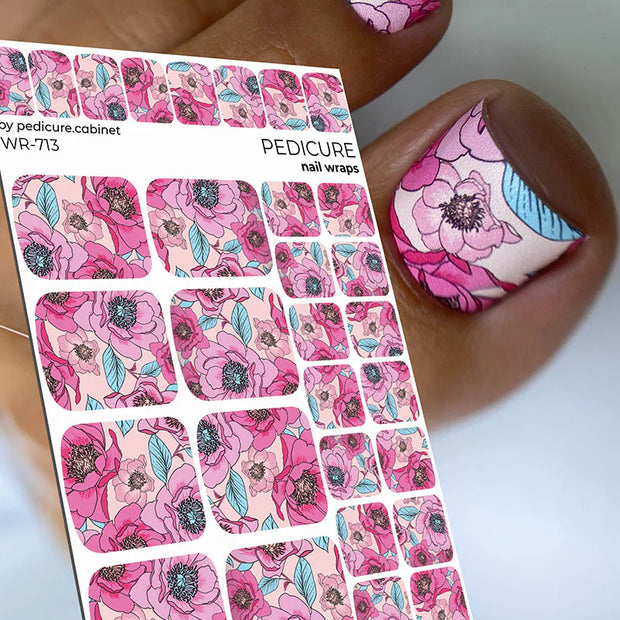 Nail Wraps Pédicure – Pivoines Roses et Feuillage Bleu – Réf. WR-713