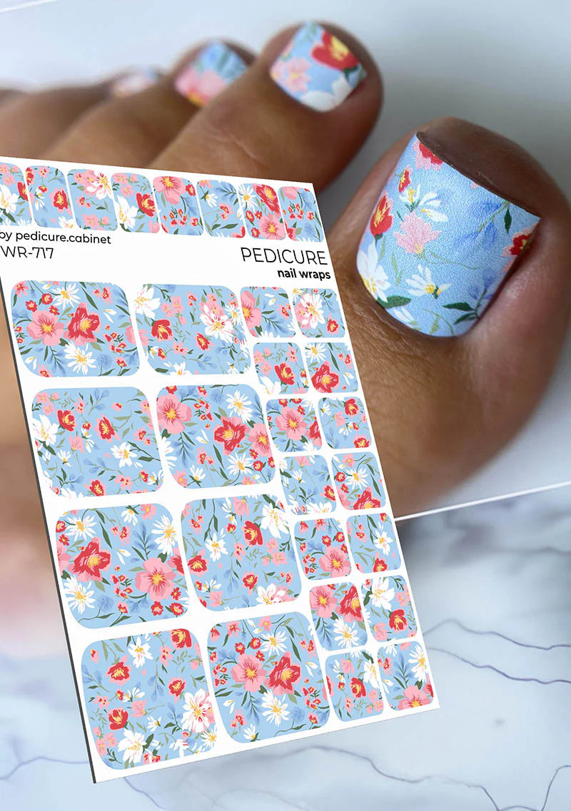 Nail Wraps Pédicure – Motif Petites Fleurs, Fond Bleu – Réf. WR-717