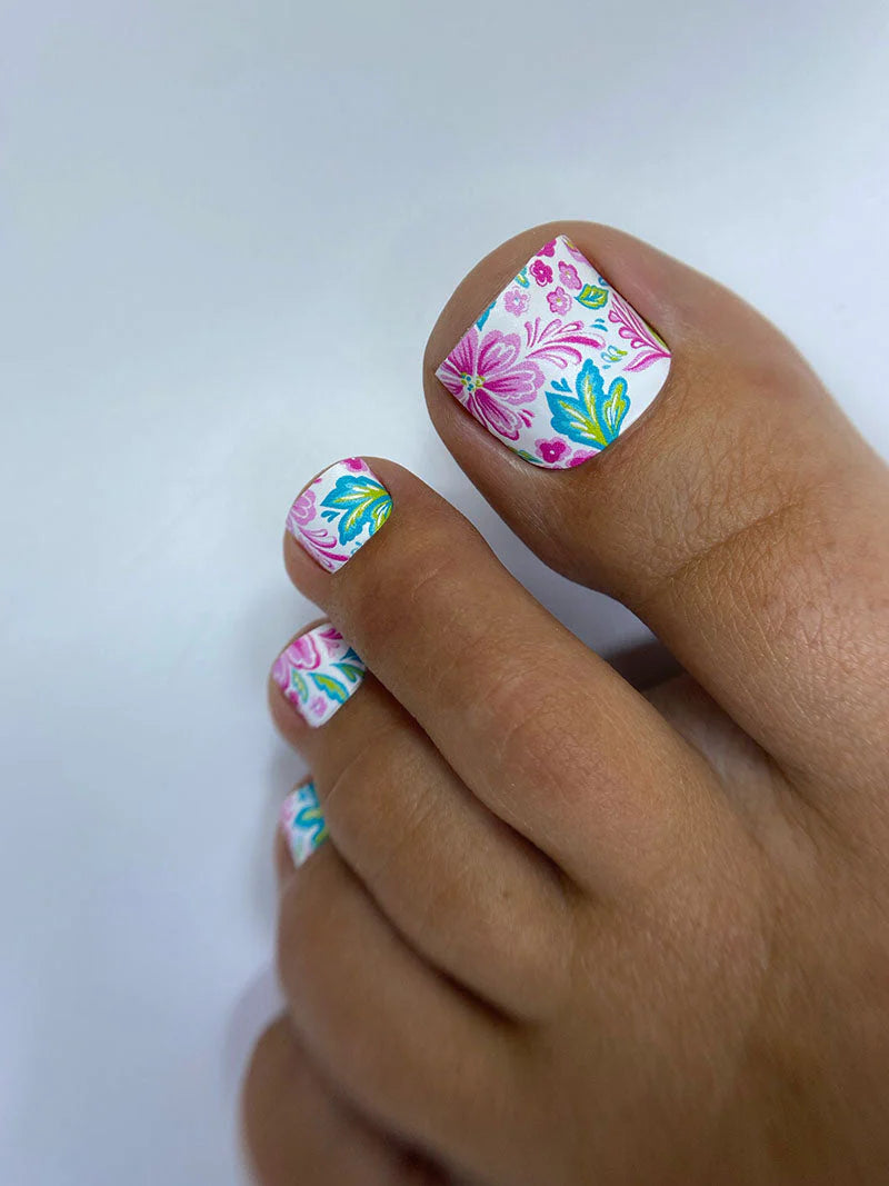 Nail Wraps Pédicure – Motif Fleurs Roses sur Blanc – Réf. WR-719
