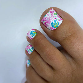 Nail Wraps Pédicure – Motif Fleurs Roses sur Blanc – Réf. WR-719