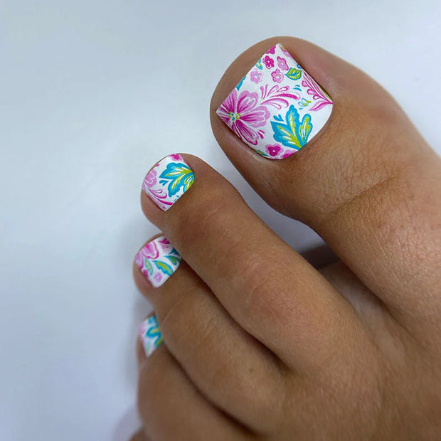 Nail Wraps Pédicure – Motif Fleurs Roses sur Blanc – Réf. WR-719