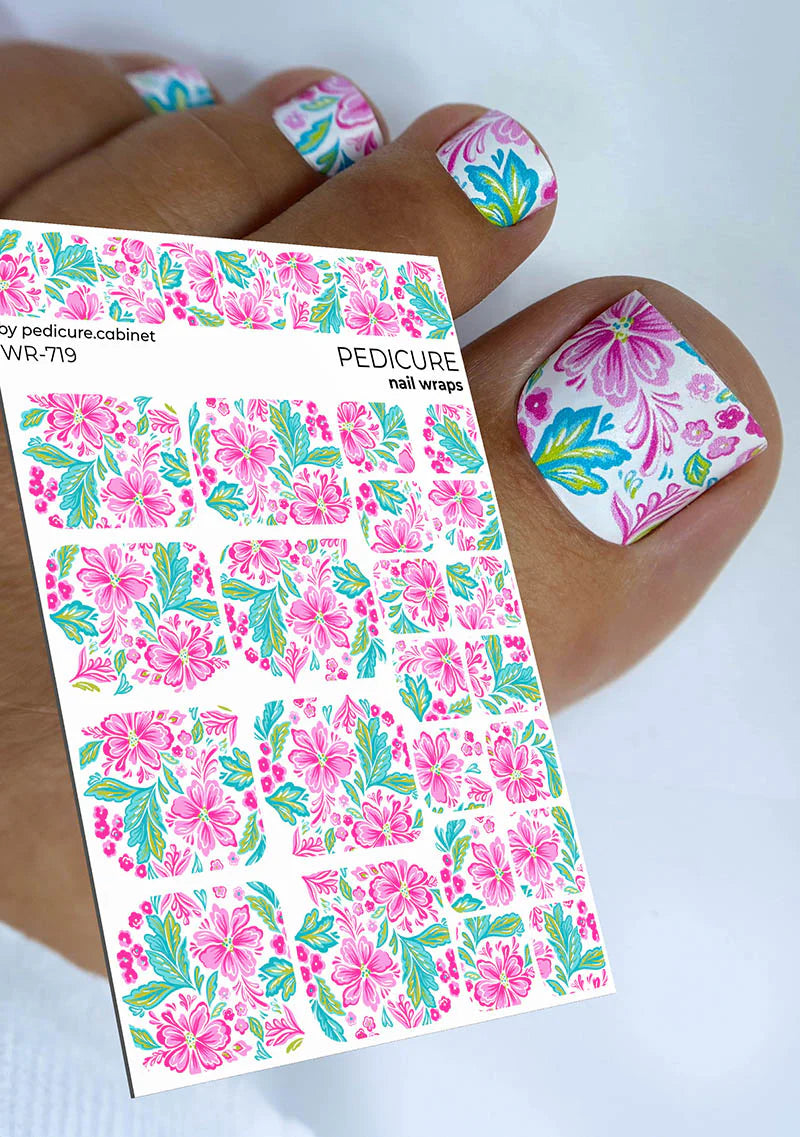 Nail Wraps Pédicure – Motif Fleurs Roses sur Blanc – Réf. WR-719