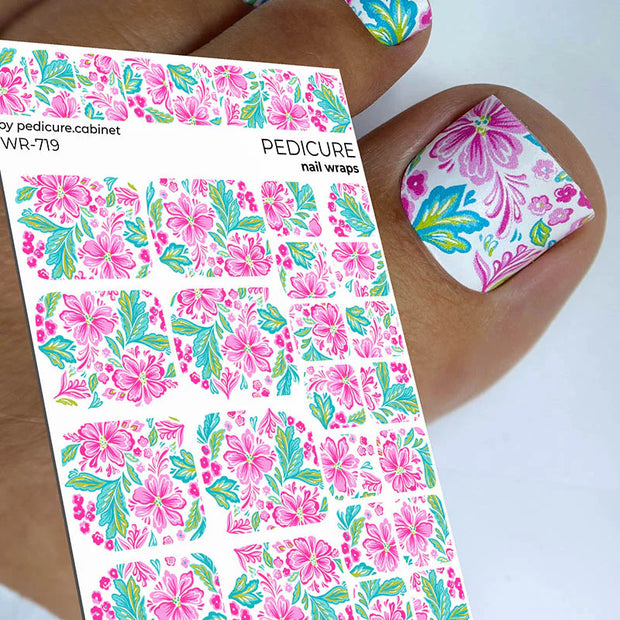 Nail Wraps Pédicure – Motif Fleurs Roses sur Blanc – Réf. WR-719