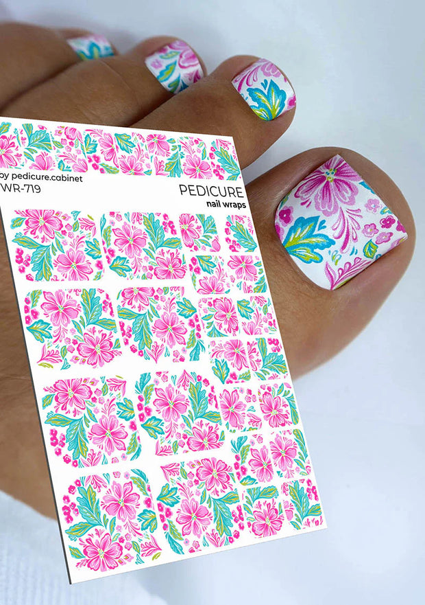 Nail Wraps Pédicure – Motif Fleurs Roses sur Blanc – Réf. WR-719