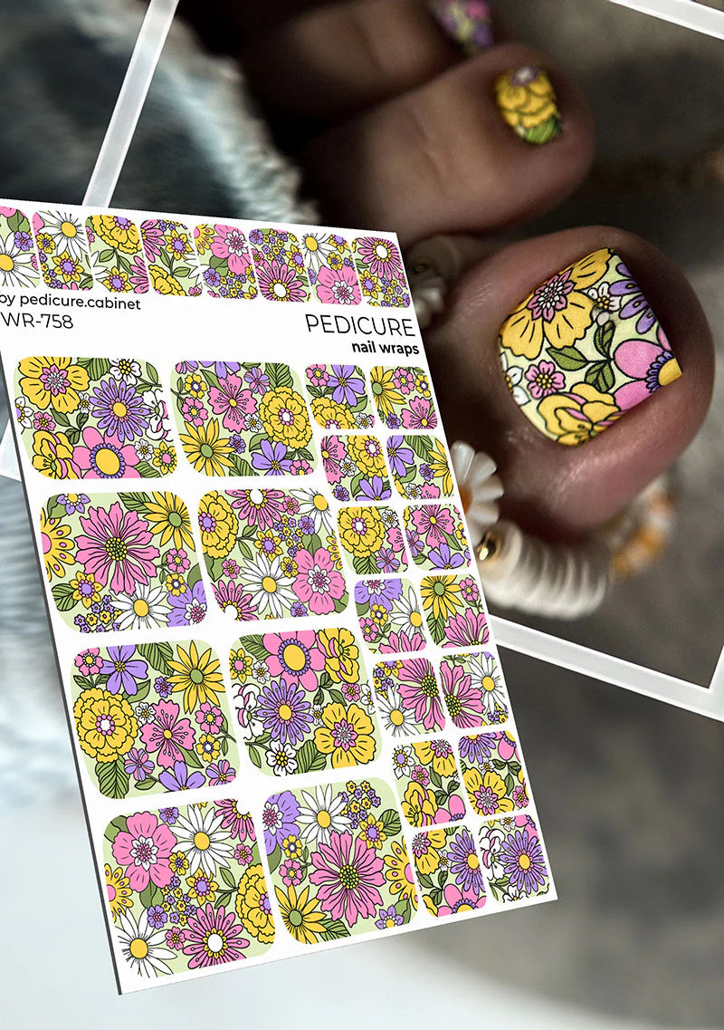 Nail Wraps Pédicure – Motif Floral sur Fond Vert Clair – Réf. WR-758