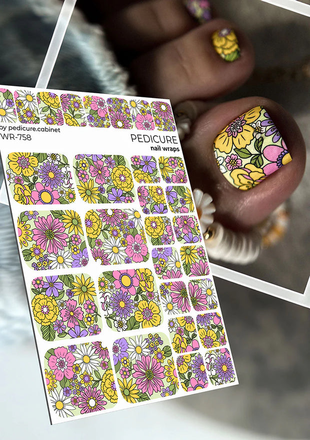 Nail Wraps Pédicure – Motif Floral sur Fond Vert Clair – Réf. WR-758