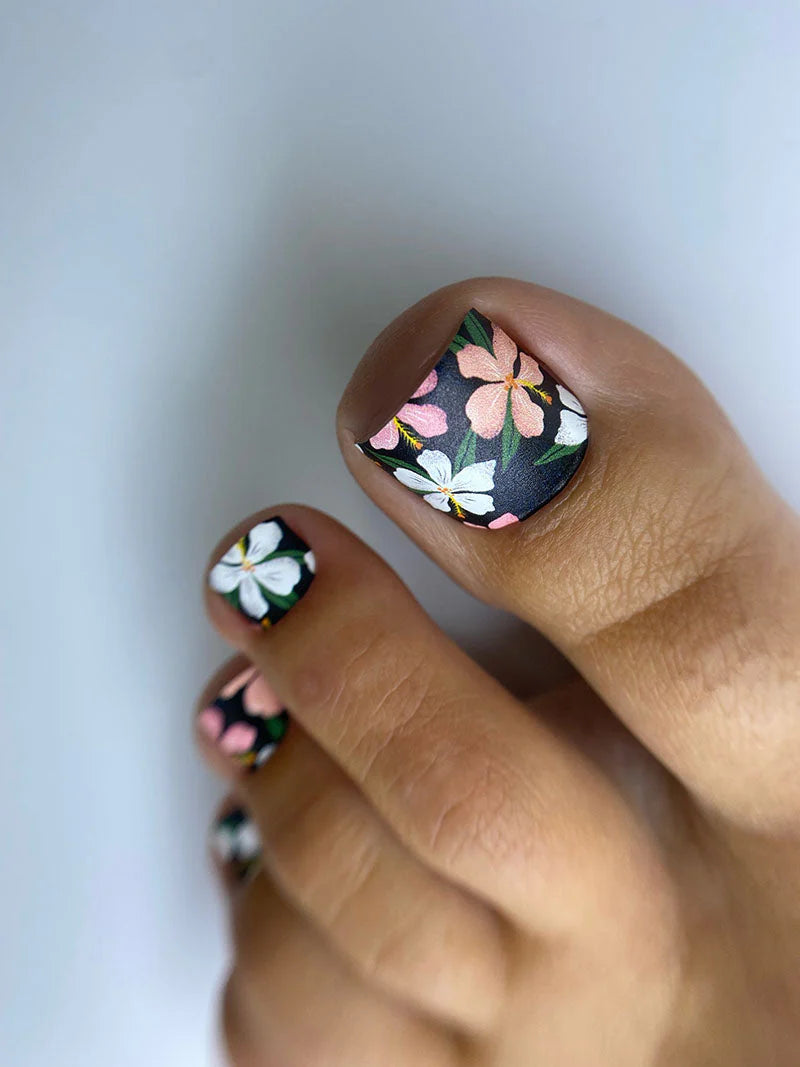Nail Wraps Pédicure – Motif Floral sur Fond Noir – Réf. WR-760