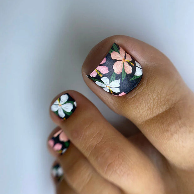 Nail Wraps Pédicure – Motif Floral sur Fond Noir – Réf. WR-760