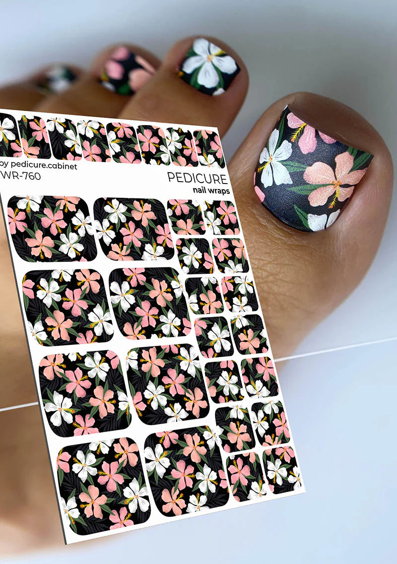Nail Wraps Pédicure – Motif Floral sur Fond Noir – Réf. WR-760