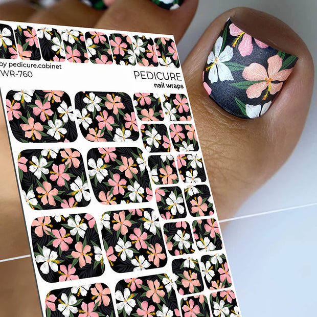 Nail Wraps Pédicure – Motif Floral sur Fond Noir – Réf. WR-760