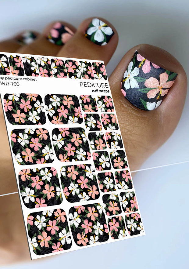 Nail Wraps Pédicure – Motif Floral sur Fond Noir – Réf. WR-760