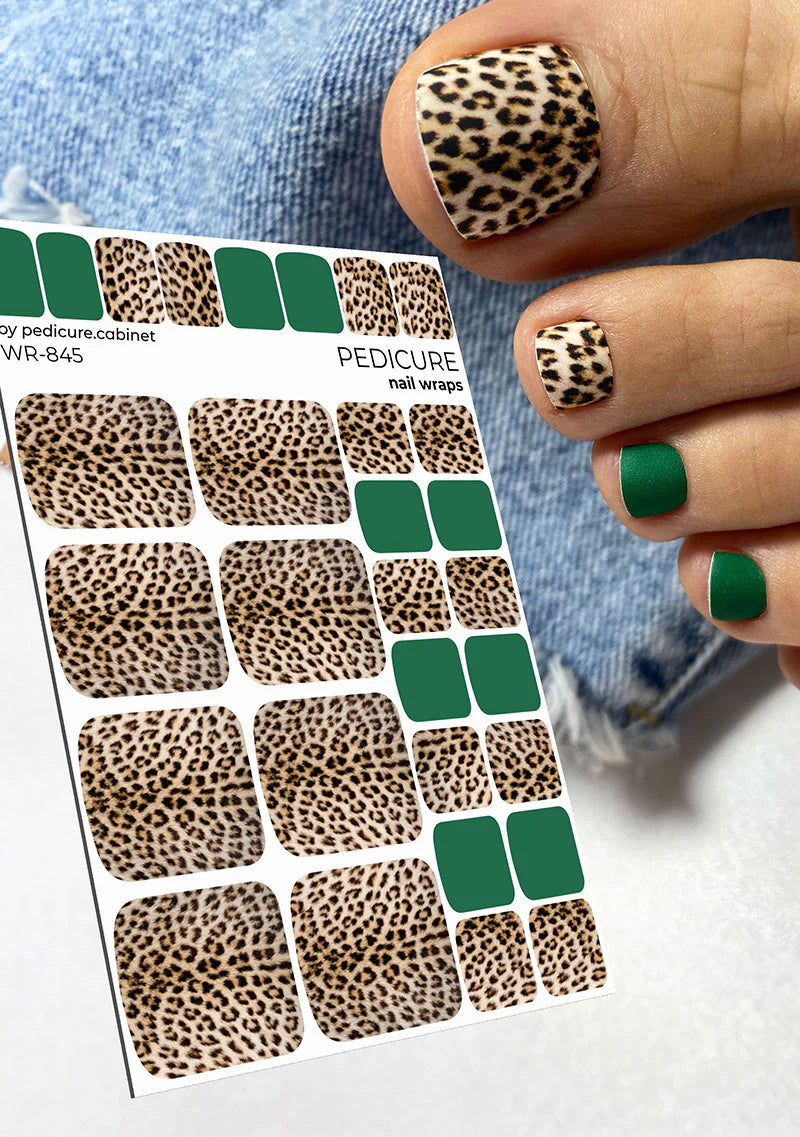 Nail Wraps Pédicure – Motif Léopard avec Vert – Réf. WR-845