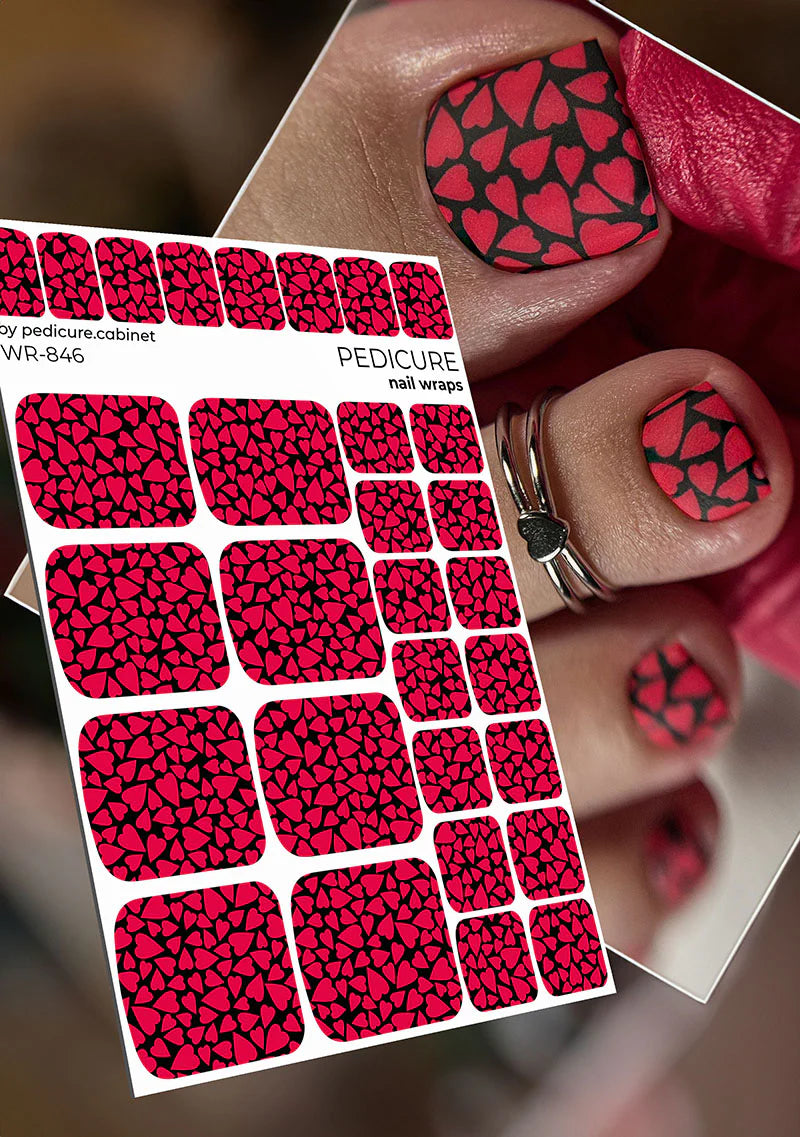 Nail Wraps Pédicure – Motif Cœur, Fond Noir – Réf. WR-846