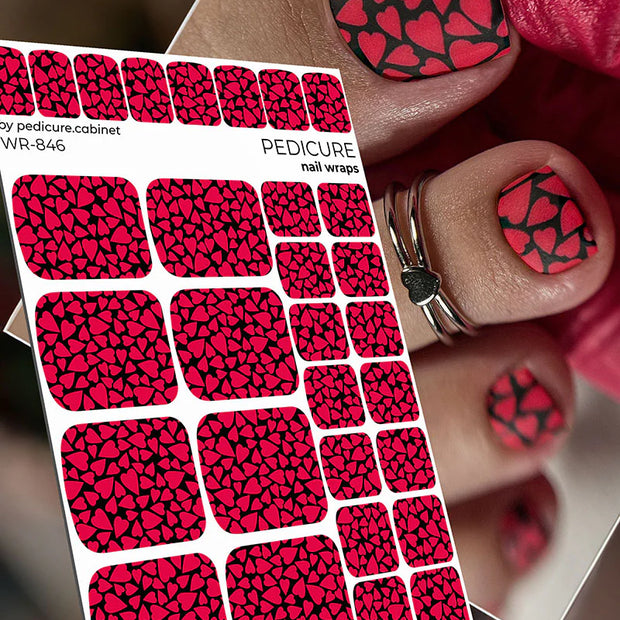 Nail Wraps Pédicure – Motif Cœur, Fond Noir – Réf. WR-846