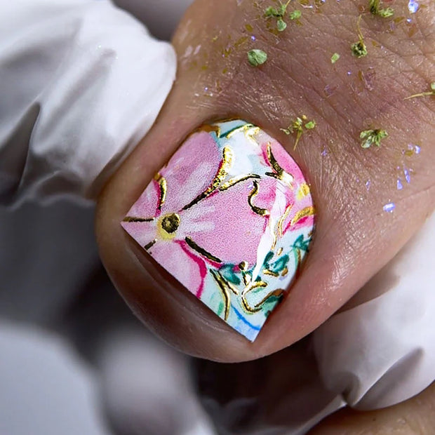Nail Wraps Pédicure – Motif Fleurs Aquarelle avec Effet Feuille d’Or – Réf. WR-850
