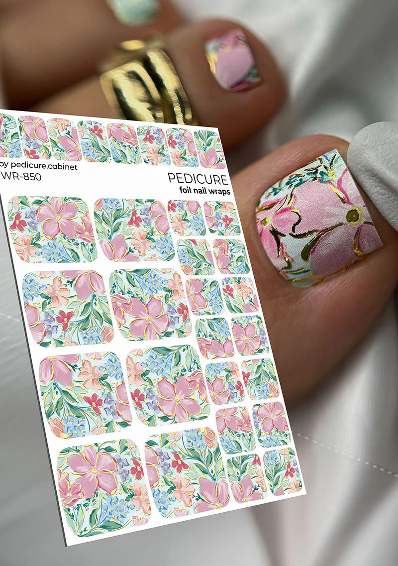 Nail Wraps Pédicure – Motif Fleurs Aquarelle avec Effet Feuille d’Or – Réf. WR-850