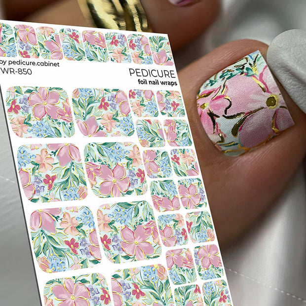 Nail Wraps Pédicure – Motif Fleurs Aquarelle avec Effet Feuille d’Or – Réf. WR-850