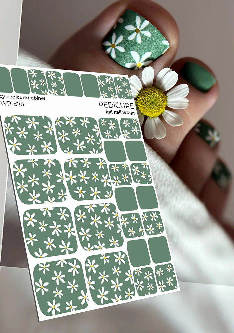 Nail Wraps Pédicure – Motif Camomille sur Fond Kaki avec Effet Feuille d’Or – Réf. WR-875