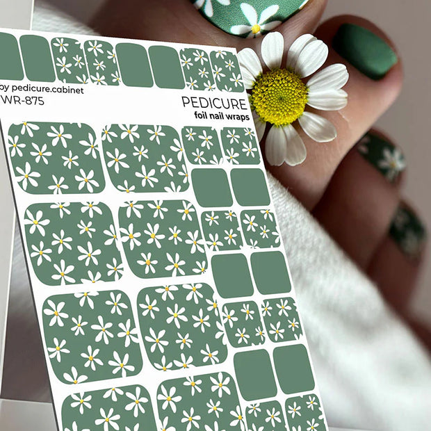 Nail Wraps Pédicure – Motif Camomille sur Fond Kaki avec Effet Feuille d’Or – Réf. WR-875