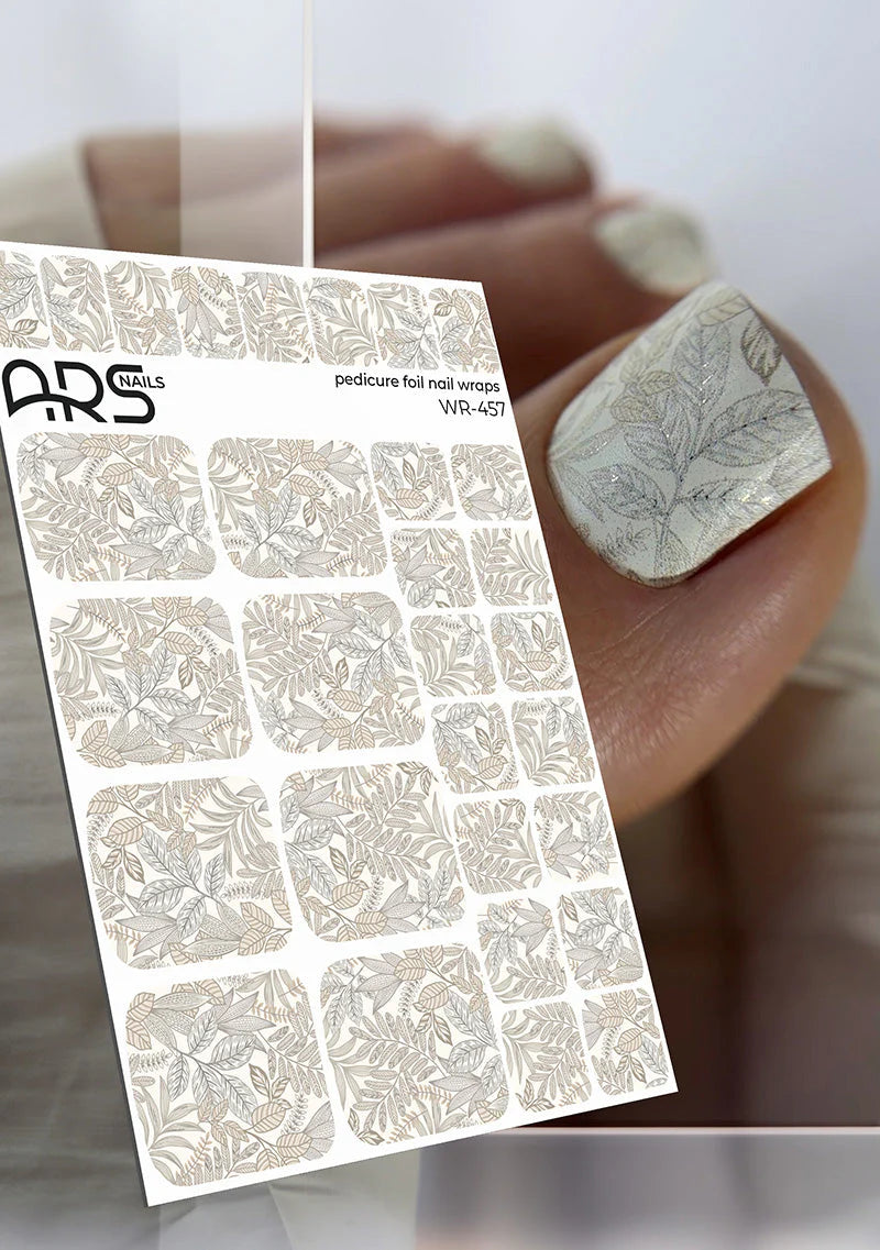 Nail Wraps Pédicure – Motif Rameaux Marron & Effet Feuille d’Argent – Réf. WR-457